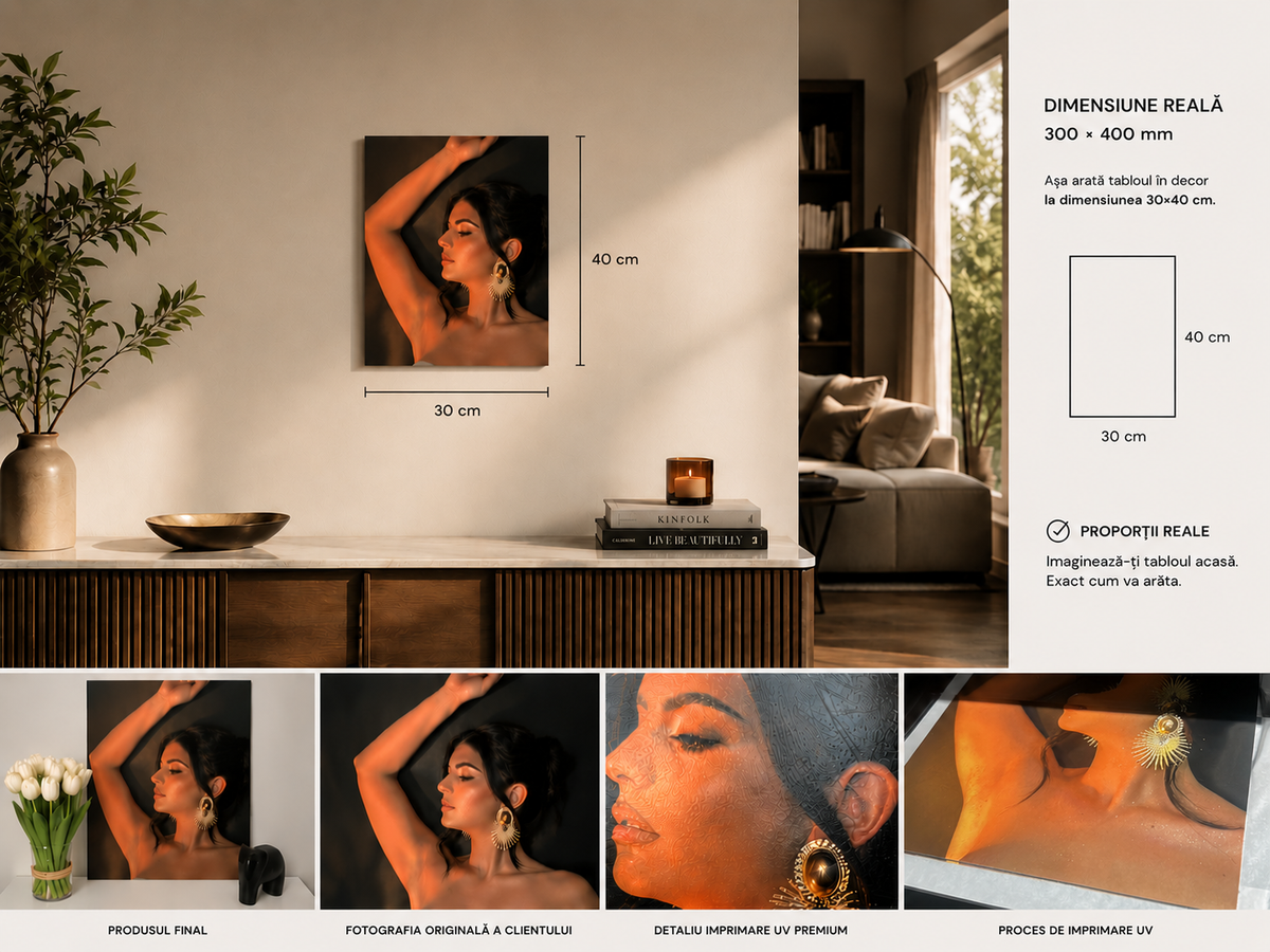 Comparație care arată dimensiunea reală a unui tablou foto personalizat de 30 × 40 cm